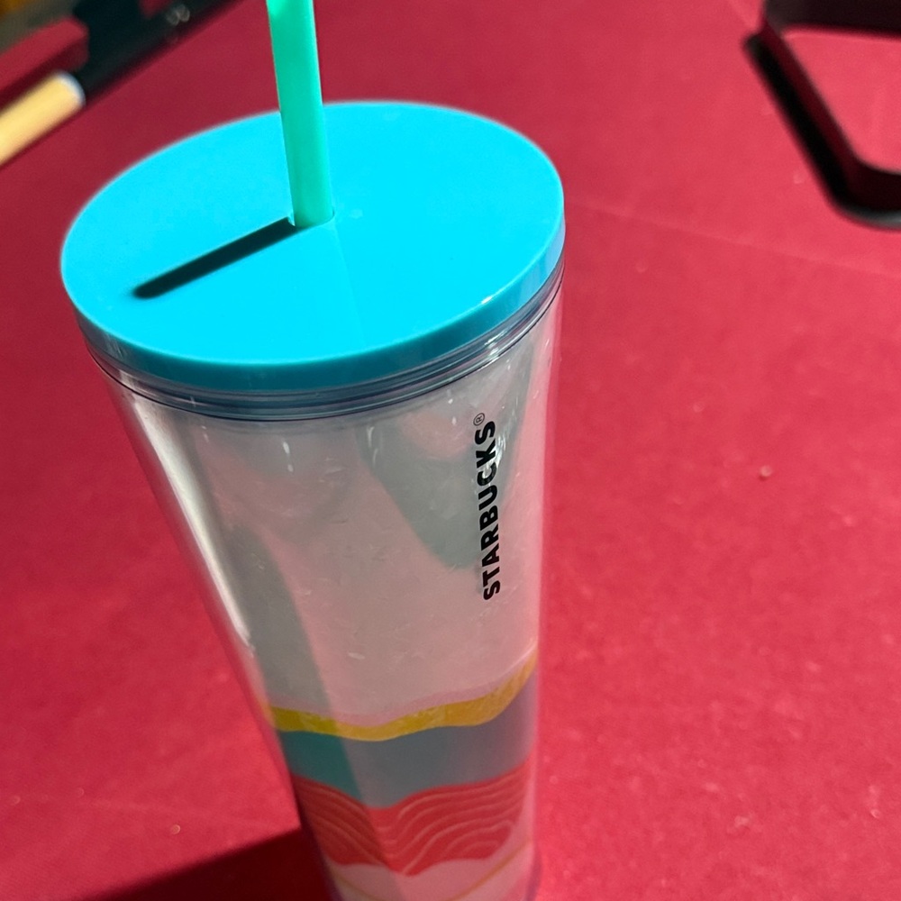 Starbucks Tumbler with Teal Lid and Colorful Stripes